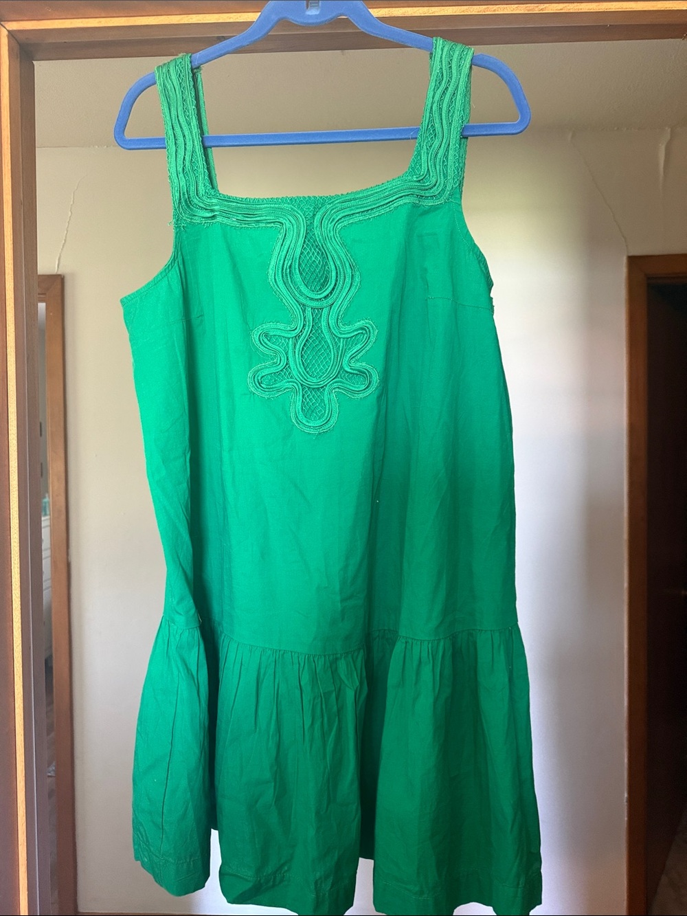 Green Embroidered Square-Neck Mini Dress